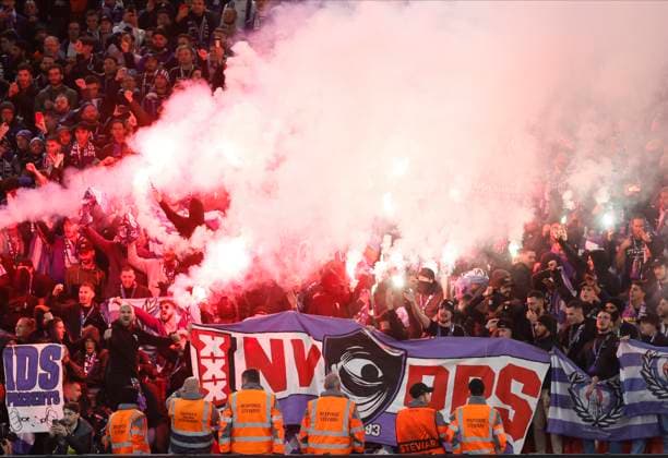 Liverpool FC v Toulouse FC: Group E - UEFA Europa League 2023 24 Toulouse fans with flares during the UEFA Europa League 2023 24 match between Liverpool FC and Toulouse FC at Anfield on October 26, 2023 in Liverpool, England. Liverpool Anfield England United Kingdom Copyright: xRichardxSellers Sportsphoto APLx 13958579