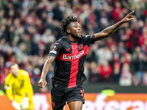 Goal, goal celebration, to 5 1 by Edmond Faycial Tapsoba Bayer 04 Leverkusen, 12 , GER, Bayer 04 Leverkusen vs Qarabag Agdam, UEFA Europa League 2023 24, group stage, match day 3, 26 10 2023, GER, Bayer 04 Leverkusen vs Qarabag Agdam, UEFA Europa League 2023 24, group stage, match day 3, 26 10 2023, Photo Eibner Press Photo Gabriel Boia Leverkusen. Copyright: xGabrielxBoiax EP_EER