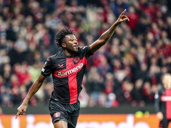 Goal, goal celebration, to 5 1 by Edmond Faycial Tapsoba Bayer 04 Leverkusen, 12 , GER, Bayer 04 Leverkusen vs Qarabag Agdam, UEFA Europa League 2023 24, group stage, match day 3, 26 10 2023, GER, Bayer 04 Leverkusen vs Qarabag Agdam, UEFA Europa League 2023 24, group stage, match day 3, 26 10 2023, Photo Eibner Press Photo Gabriel Boia Leverkusen. Copyright: xGabrielxBoiax EP_EER