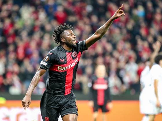Goal, goal celebration, to 5 1 by Edmond Faycial Tapsoba Bayer 04 Leverkusen, 12 , GER, Bayer 04 Leverkusen vs Qarabag Agdam, UEFA Europa League 2023 24, group stage, match day 3, 26 10 2023, GER, Bayer 04 Leverkusen vs Qarabag Agdam, UEFA Europa League 2023 24, group stage, match day 3, 26 10 2023, Photo Eibner Press Photo Gabriel Boia Leverkusen. Copyright: xGabrielxBoiax EP_EER