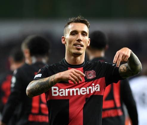 26 10 2023, Leverkusen, Germany, BayARENA, Bayer Leverkusen vs Qarabag Agdam UEFA Europa League 2023 2024 Group H, Alejandro Grimaldo Bayer 04 Leverkusen goal celebration, cheers after scoring 4 1 Photo Ralf Treese Leverkusen BayARENA North Rhine Westphalia Germany. 521_LEVQAR20231026_025 Treese-521