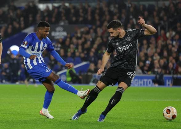 Brighton and Hove, England, 26th October 2023. Ansu Fati of Brighton and Hove Albion scores to make it 2-0 during the UEFA Europa League match at the AMEX Stadium, Brighton and Hove. Picture credit should read: Paul Terry Sportimage EDITORIAL USE ONLY. No use with unauthorised audio, video, data, fixture lists, club league logos or live services. Online in-match use limited to 120 images, no video emulation. No use in betting, games or single club league player publications. SPI-2677-0045