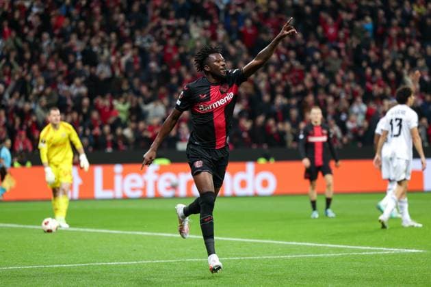 26 10 2023, football, 2023 2024 season, UEFA Europa League, group stage, matchday 3, Bayer 04 Leverkusen Qarabag Agdam, Edmond Tapsoba Bayer 04 Leverkusen celebrates goal to 5 1, Leverkusen BayArena NRW Germany xRHR PHOTO DEx Copyright: DennisxEwert RHR-FOTOx RHR-FOTO DE