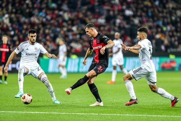 Granit Xhaka Bayer 04 Leverkusen, 34 in a duel against Toral Bayramov Qarabag Agdam, 27 , GER, Bayer 04 Leverkusen vs Qarabag Agdam, UEFA Europa League 2023 24, group stage, match day 3, 26 10 2023, GER, Bayer 04 Leverkusen vs Qarabag Agdam, UEFA Europa League 2023 24, group stage, match day 3, 26 10 2023, Photo Eibner Press Photo Gabriel Boia Leverkusen. Copyright: xGabrielxBoiax EP_EER