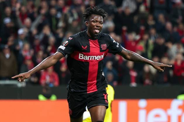 26 10 2023, football, 2023 2024 season, UEFA Europa League, group stage, matchday 3, Bayer 04 Leverkusen Qarabag Agdam, Edmond Tapsoba Bayer 04 Leverkusen celebrates goal to 5 1, Leverkusen BayArena NRW Germany xRHR PHOTO DEx Copyright: DennisxEwert RHR-FOTOx RHR-FOTO DE