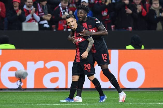 Soccer Europa League group stage 3 matchday Bayer 04 Leverkusen Qarabag Agdam on 26 10 2023 at the BayArena in Leverkusen goal celebration to 4 1 by Alejandro Grimaldo Leverkusen xRx