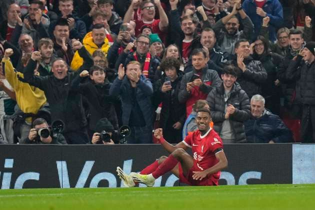 UEFA Europa League Liverpool v Toulouse Ryan Gravenberch 38 of Liverpool celebrates scoring. To make it 4-1 during the UEFA Europa League match Liverpool vs Toulouse at Anfield, Liverpool, United Kingdom, 26th October 2023 (Photo by Steve Flynn News Images) Liverpool Anfield Merseyside United Kingdom Copyright: xStevexFlynn NewsxImagesx