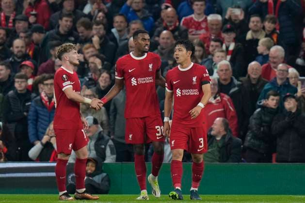UEFA Europa League Liverpool v Toulouse Ryan Gravenberch 38 of Liverpool celebrates scoring. To make it 4-1 during the UEFA Europa League match Liverpool vs Toulouse at Anfield, Liverpool, United Kingdom, 26th October 2023 (Photo by Steve Flynn News Images) Liverpool Anfield Merseyside United Kingdom Copyright: xStevexFlynn NewsxImagesx