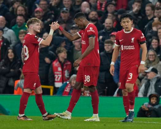 UEFA Europa League Liverpool v Toulouse Ryan Gravenberch 38 of Liverpool celebrates scoring. To make it 4-1 during the UEFA Europa League match Liverpool vs Toulouse at Anfield, Liverpool, United Kingdom, 26th October 2023 (Photo by Steve Flynn News Images) Liverpool Anfield Merseyside United Kingdom Copyright: xStevexFlynn NewsxImagesx