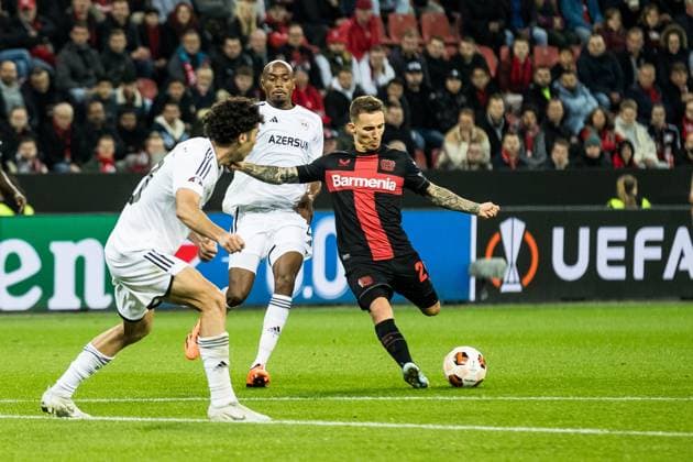 UEFA Europa League, Bayer 04 Leverkusen Qarabag Agdam 26 10 2023 Alejandro Grimaldo Bayer 04 Leverkusen, 20 shoots the 4 1 UEFA Europa League, Bayer 04 Leverkusen Qarabag Agdam, BayArena Leverkusen on 26 10 2023 Copyright: xBEAUTIFULxSPORTS Wunderlx