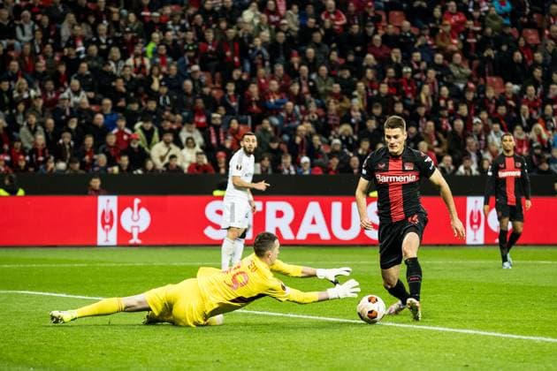 UEFA Europa League, Bayer 04 Leverkusen Qarabag Agdam 26 10 2023 duel Andrey Lunev Qarabag Agdam, 99 , Patrick Schick Bayer 04 Leverkusen, 14 UEFA Europa League, Bayer 04 Leverkusen Qarabag Agdam, BayArena Leverkusen on 26 10 2023 Copyright: xBEAUTIFULxSPORTS Wunderlx