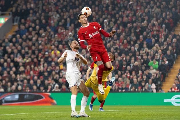 Liverpool v Toulouse Europa League 26 10 2023. Liverpool forward Darwin Nunez (9) during the Europa League match between Liverpool and Toulouse at Anfield, Liverpool, England on 26 October 2023. Editorial use only , Copyright: xIanxStephenx PSI-18281-0033