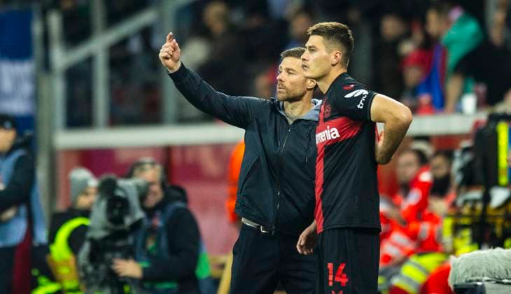 Leverkusen, Germany 26th Oct 2023 coach Xabi Alonso Leverkusen with Patrik Schick Leverkusen Bayer Leverkusen Qarabag Agdam 26 10 2023