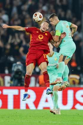 UEFA Europa League Group G AS Roma vs Sportovni Klub Slavia Praha Roma™s Italian forward Andrea Belotti challenges for the ball with Slavia Prague s Czech midfielder Tomas Holes during UEFA Europa League Group G football match between AS Roma and Sportovni Klub Slavia Praha at Olimpico stadium on October 26, 2023 in Rome, Italy. ABPH0958_1 Copyright: xAntonioxBalascox