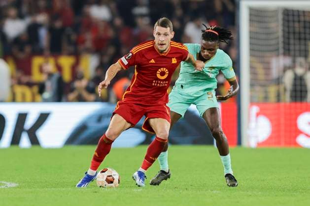 UEFA Europa League Group G AS Roma vs Sportovni Klub Slavia Praha Roma™s Italian forward Andrea Belotti challenges for the ball with Slavia Prague s Nigerian defender Igoh Ogbu during UEFA Europa League Group G football match between AS Roma and Sportovni Klub Slavia Praha at Olimpico stadium on October 26, 2023 in Rome, Italy. ABPH1811_1 Copyright: xAntonioxBalascox