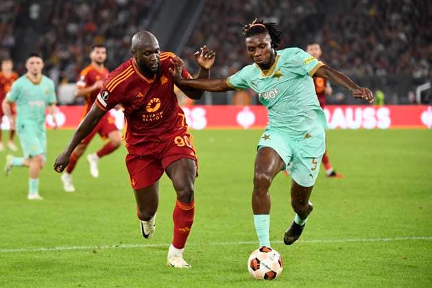 Romelu Lukaku of AS Roma and Igoh Ogbu of Slavia Prague during the Europa League Group G football match between AS Roma and SK Slavia Prague at Olimpico stadium in Rome (Italy), October 26th, 2023. AntoniettaxBaldassarre