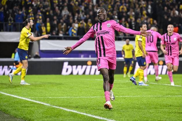 LASK s Moses Usor celebrates after scoring during a soccer match between Belgian Royale Union Saint Gilloise and Austrian Linzer Athletik Klub (LASK), on Thursday 26 October 2023 in Brussels, on day 3 of the group phase of the UEFA Europa League competition, in group E. LAURIExDIEFFEMBACQ  x78599925x