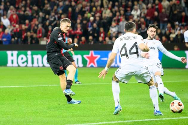 Florian WIRTZ LEV scores the goal to 1 0, action, f l Florian WIRTZ LEV , Elvin Jafarguliyev, Marko Jankovic Agdam , Football Europa League, Group Stage, Matchday 3, Bayer 04 Leverkusen LEV Qarabag Agdam, on 26 10 2023 in Leverkusen Germany UEFA regulations prohibit any use of photographs as image sequences and or quasi video Â