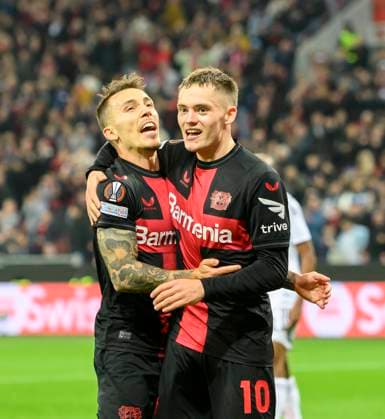 Sport Themen der Woche KW43 Sport Bilder des Tages Jubel Alejandro GRIMALDO l. (LEV) nach seinem Tor zum 2:1, mit Florian WIRTZ (LEV), Fussball Europa League, Gruppenphase, 3. Spieltag, Bayer 04 Leverkusen (LEV) - Qarabag Agdam, am 26.10.2023 in Leverkusen Deutschland. UEFA regulations prohibit any use of photographs as image sequences and or quasi-video Â *** Alejandro GRIMALDO l LEV after his goal to 2 1, with Florian WIRTZ LEV , Football Europa League, Group Stage, Matchday 3, Bayer 04 Leverkusen LEV Qarabag Agdam, on 26 10 2023 in Leverkusen Germany UEFA regulations prohibit any use of photographs as image sequences and or quasi video Â