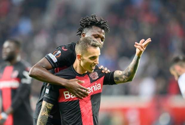 Alejandro GRIMALDO LEV celebrates after his goal to 4 1, behind Edmond TAPSOBA LEV Football Europa League, group stage, matchday 3, Bayer 04 Leverkusen LEV Qarabag Agdam, on 26 10 2023 in Leverkusen Germany UEFA regulations prohibit any use of photographs as image sequences and or quasi video Â