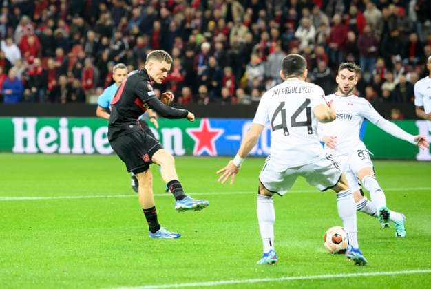 Florian WIRTZ LEV scores the goal to 1 0, action, f l Florian WIRTZ LEV , Elvin Jafarguliyev, Marko Jankovic Agdam , Football Europa League, Group Stage, Matchday 3, Bayer 04 Leverkusen LEV Qarabag Agdam, on 26 10 2023 in Leverkusen Germany UEFA regulations prohibit any use of photographs as image sequences and or quasi video Â