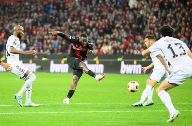 Victor BONIFACE LEV scores the goal to 3 1, action, Kevin David Medina Agdam Football Europa League, group stage, matchday 3, Bayer 04 Leverkusen LEV Qarabag Agdam, on 26 10 2023 in Leverkusen Germany UEFA regulations prohibit any use of photographs as image sequences and or quasi video Â