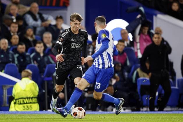 BRIGHTON - Kristian Hlynsson of Ajax during the UEFA Europa League Group B match between Brighton & Hove Albion FC and Ajax Amsterdam at the American Express Community Stadium on October 26, 2023 in Brighton, United Kingdom. ANP MAURICE VAN STEEN UEFA Europa League 2023 24 2023 2024 xVIxANPxSportx xxANPxIVx 482209223 originalFilename: 482209223.jpg