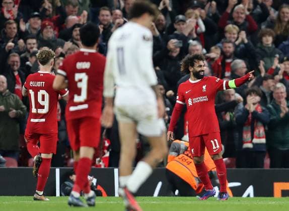26th October 2023; Anfield, Liverpool, Merseyside, England; Europa League Football, Liverpool versus Toulouse; Mohammed Salah of Liverpool celebrates after scoring his sides 5th goal after 3 minutes of added time  ActionPlus12569307 DavidxBlunsden