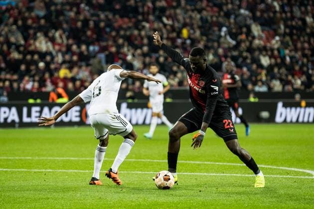 UEFA Europa League, Bayer 04 Leverkusen Qarabag Agdam 26 10 2023 duel Julio Romao Qarabag Agdam, 6 , Victor Boniface Bayer 04 Leverkusen, 22 UEFA Europa League, Bayer 04 Leverkusen Qarabag Agdam, BayArena Leverkusen on 26 10 2023 Copyright: xBEAUTIFULxSPORTS Wunderlx