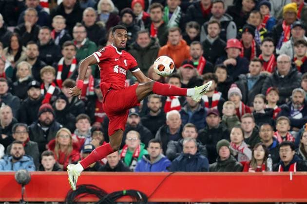 26th October 2023; Anfield, Liverpool, Merseyside, England; Europa League Football, Liverpool versus Toulouse; Ryan Gravenberch of Liverpool stretches to control the ball  ActionPlus12569350 DavidxBlunsden