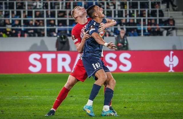 TSC Backa Topola SC Freiburg Freiburgs Philipp Lienhart and Topolas Marko Rakonjac 26 10 2023 Serbia Football Uefa Europa League, TSC Backa Topola SC Freiburg, group stage, group A, matchday 3, TSC Arena