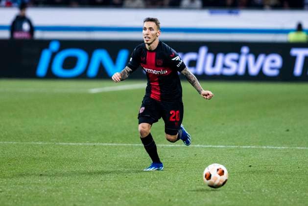 Leverkusen, Bayarena, 26 10 23 Alejandro Grimaldo of Leverkusen runs with the ball during the Europa League match Bayer 04 Leverkusen vs Qarabag Agdam