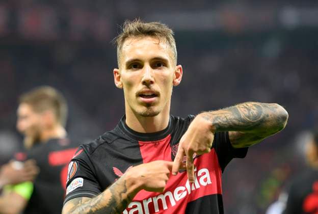 Alejandro GRIMALDO LEV cheers after his goal to 2 1, gesture, gesture, football Europa League, group stage, matchday 3, Bayer 04 Leverkusen LEV Qarabag Agdam 5 1 on 26 10 2023 in Leverkusen Germany UEFA regulations prohibit any use of photographs as image sequences and or quasi video Â