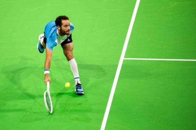Open de Brest J3 PHOTOPQR OUEST FRANCE Guillaume Saligot ; Brest ; 27 10 2023 ; Tennis , Open de Brest , Brest Arena . Quart de finale du tournoi Constant Lestienne contre Titouan Droguet (6-3,6-2). Ici le Français Constant Lestienne . Photo : Guillaume Saligot Ouest-France Brest France  Copyright: xPHOTOPQR OUESTxFRANCE MAXPPPxGuillaumexSaligotx 20231027OFR9756 20231027OFR9756