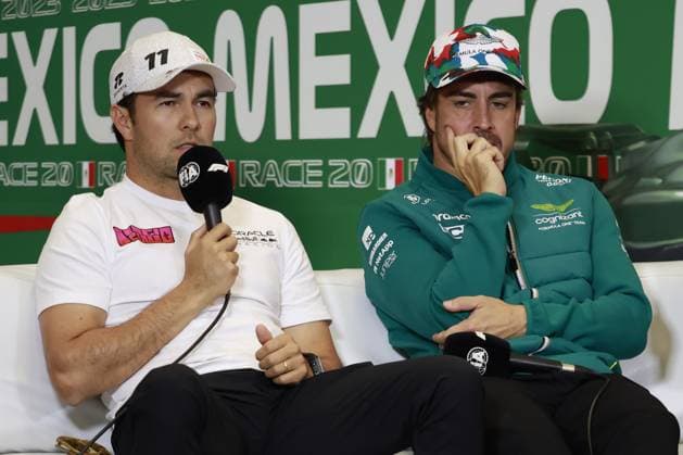 RECORD DATE NOT STATED F1 Grand Prix of Mexico press conference, PK, Pressekonferenz Sergio Perez (11), of Mexico team Oracle Red Bull Racing RB19 Honda RBPT and Fernando Alonso of Spain (14), Aston Martin Formula 1 team during Press Conference preview to the Formula 1 2023 Mexican Grand Prix, at the Autodromo Hermanos Rodriguez, on October 26, 2023. <br><br> Sergio Perez (11), de Mexico Equipo de Oracle Red Bull Racing RB19 Honda RBPs y Fernando Alonso of Spain (14), Aston Martin Formula 1 team durante la conferencia de prensa previo al Gran Pre mio de Mexico de la Formula 1 2023, en el Autodromo Hermanos Rodriguez, el 26 de Octubre de 2023. CIUDAD DE MEXICO CDMX MEXICO  Copyright: xUlisesxNaranjox 20231026164916_GP_F1_PRESS_CON_PEREZ28