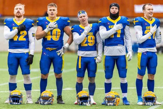 231028 Mattias Eriksson, Alex Gudding, Carl Henriksson, Ludvig MyrÃ n and Noah Allsten of Sweden ahead of the IFAF European Championship Bronze Medal Game between Sweden and Italy on October 28, 2023 in Gothenburg Photo Michael Erichsen BILDBYRAN COP 89 MI0562 american football sweden italy ifaf european championship bronze medal game bbeng sweden sverige italy italia italien  Copyright: MICHAELxERICHSEN BB231028MI015