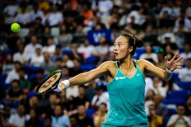 ZHUHAI, CHINA - OCTOBER 28: Zheng Qinwen of China returns a shot in the Women s Singles semi-final match against Zhu Lin of China on day five of WTA, Tennis Damen Elite Trophy Zhuhai 2023 at Hengqin International Tennis Center on October 28, 2023 in Zhuhai, Guagdong Province of China.  Copyright: xVCGx 111461631347