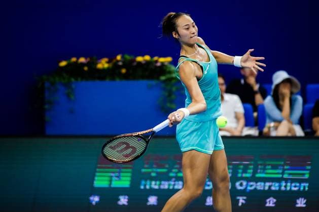ZHUHAI, CHINA - OCTOBER 28: Zheng Qinwen of China returns a shot in the Women s Singles semi-final match against Zhu Lin of China on day five of WTA, Tennis Damen Elite Trophy Zhuhai 2023 at Hengqin International Tennis Center on October 28, 2023 in Zhuhai, Guagdong Province of China.  Copyright: xVCGx 111461631431