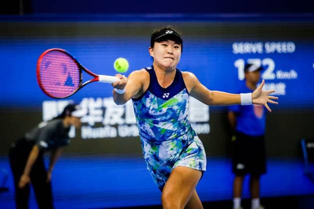ZHUHAI, CHINA - OCTOBER 28: Zhu Lin of China returns a shot in the Women s Singles semi-final match against Zheng Qinwen of China on day five of WTA, Tennis Damen Elite Trophy Zhuhai 2023 at Hengqin International Tennis Center on October 28, 2023 in Zhuhai, Guagdong Province of China.  Copyright: xVCGx 111461631448