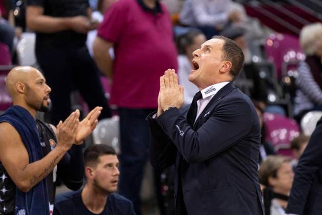 Head Coach Nikola MARKOVIC CRA, mi , shout, gesture, hands to pray, look up final score 90 68, Basketball 1 Bundesliga Telekom Baskets Bonn HAKRO Merlins Crailsheim BON vs CRA 5 match day, in T E L E K O M D O M E, on 28 10 2023 Â