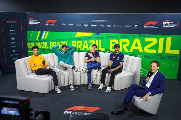 press conference, PK, Pressekonferenz NORRIS Lando (gbr), McLaren F1 Team MCL60, STROLL Lance (can), Aston Martin F1 Team AMR23, VERSTAPPEN Max (ned), Red Bull Racing RB19, RICCIARDO Daniel (aus), Scuderia AlphaTauri AT04, portrait during the 2023 Formula 1 Rolex Grande Premio de Sao Paulo, 20th round of the 2023 Formula One World Championship, WM, Weltmeisterschaft from November 3 to 5, 2023 on the Autodromo Josà Carlos Pace, in Sao Paulo, Brazil - F1 - SAO PAULO GRAND PRIX 2023 DPPI Panoramic 00123042_GOOD7549