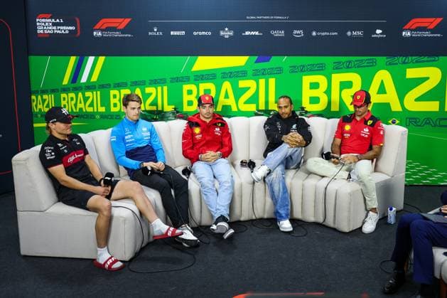 press conference, PK, Pressekonferenz BOTTAS Valtteri (fin), Alfa Romeo F1 Team Stake C43, SARGEANT Logan (usa), Williams Racing FW45, LECLERC Charles (mco), Scuderia Ferrari SF-23, HAMILTON Lewis (gbr), Mercedes AMG F1 Team W14, SAINZ Carlos (spa), Scuderia Ferrari SF-23, portrait during the 2023 Formula 1 Rolex Grande Premio de Sao Paulo, 20th round of the 2023 Formula One World Championship, WM, Weltmeisterschaft from November 3 to 5, 2023 on the Autodromo Josà Carlos Pace, in Sao Paulo, Brazil - F1 - SAO PAULO GRAND PRIX 2023 DPPI Panoramic 00123042_GOOD7617
