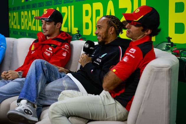 16 Charles Leclerc MCO, Scuderia Ferrari , 44 Lewis Hamilton GBR, Mercedes AMG Petronas F1 Team , 55 Carlos Sainz ESP, Scuderia Ferrari , F1 Grand Prix of Brazil at Autodromo Jose Carlos Pace on November 2, 2023 in Sao Paulo, Brazil Photo by HOCH ZWEI Sao Paulo Brazil