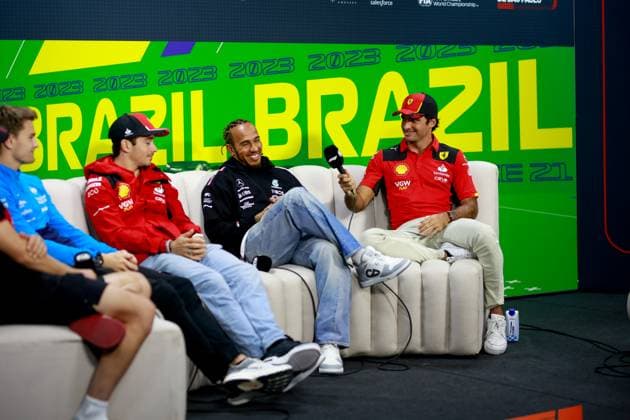 16 Charles Leclerc MCO, Scuderia Ferrari , 44 Lewis Hamilton GBR, Mercedes AMG Petronas F1 Team , 55 Carlos Sainz ESP, Scuderia Ferrari , F1 Grand Prix of Brazil at Autodromo Jose Carlos Pace on November 2, 2023 in Sao Paulo, Brazil Photo by HOCH ZWEI Sao Paulo Brazil