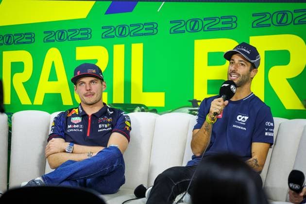 1 Max Verstappen NLD, Oracle Red Bull Racing , 3 Daniel Ricciardo AUS, Scuderia AlphaTauri , F1 Grand Prix of Brazil at Autodromo Jose Carlos Pace on November 2, 2023 in Sao Paulo, Brazil Photo by HOCH ZWEI Sao Paulo Brazil
