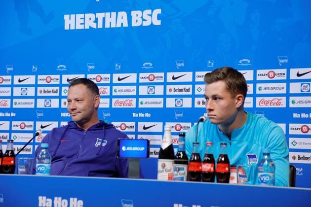 Germany, Berlin, Sportpark, GER, 2 FBL, Hertha BSC, Season 2023 24, Press conference before the away match against F C Hansa Rostock , Photo Pál Dárdai,Coach Hertha BSC, Tjark Ernst, Goalkeeper