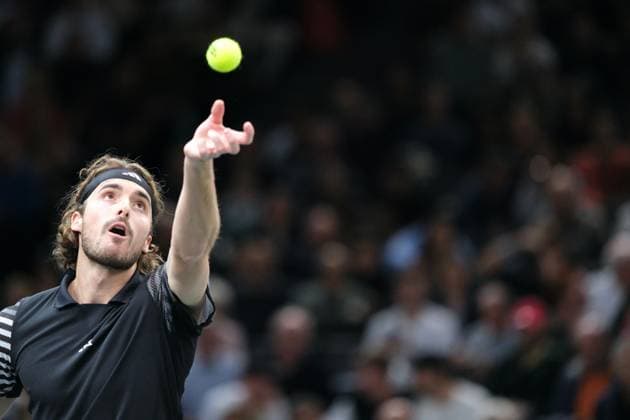 November 3, 2023, Paris, France: Greek player STEFANOS TSITSIPAS returns the ball to Russian player KAREN KHACHANOV during the quarter final of Rolex Paris Masters 1000 tournament at Paris Accor Arena Stadium - France..Tsitsipas won: 6:3 6:4 Paris France - ZUMAp119 20231103_zaf_p119_026 Copyright: xPierrexSteveninx