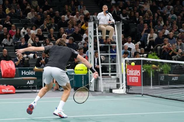 November 3, 2023, Paris, France: Greek player STEFANOS TSITSIPAS returns the ball to Russian player KAREN KHACHANOV during the quarter final of Rolex Paris Masters 1000 tournament at Paris Accor Arena Stadium - France..Tsitsipas won: 6:3 6:4 Paris France - ZUMAp119 20231103_zaf_p119_038 Copyright: xPierrexSteveninx