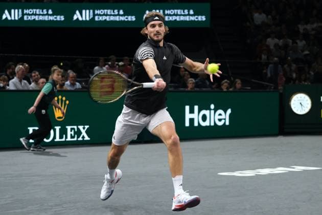 November 3, 2023, Paris, France: Greek player STEFANOS TSITSIPAS returns the ball to Russian player KAREN KHACHANOV during the quarter final of Rolex Paris Masters 1000 tournament at Paris Accor Arena Stadium - France..Tsitsipas won: 6:3 6:4 Paris France - ZUMAp119 20231103_zaf_p119_044 Copyright: xPierrexSteveninx