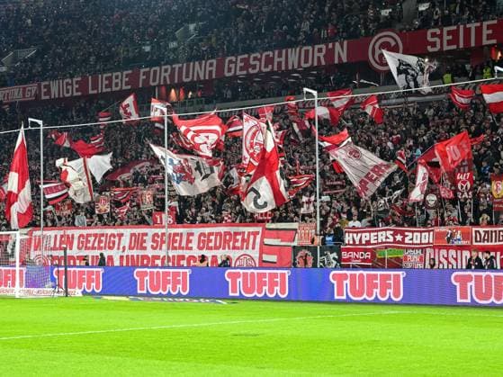 The flags in the Fortuna Block are flying Fortuna Duesseldorf vs SV Wehen Wiesbaden, Football, 2 Bundesliga, 12 Matchday, Season 2023 2024, 03 11 2023 DFB DFL Regulations prohibit any use of Photographs as image sequences and or quasi video Fortuna Duesseldorf vs SV Wehen Wiesbaden, Football, 2 Bundesliga, 12 Matchday, Season 2023 2024, 03 11 2023 Duesseldorf Copyright: xEibner-Pressefoto ThomasxHaeslerx EP_THR